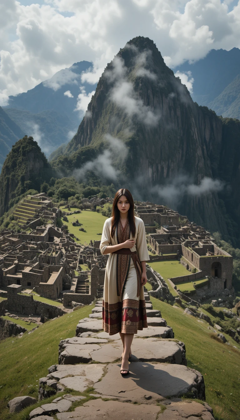 Young woman crossing stone paths in Machu Picchu mist