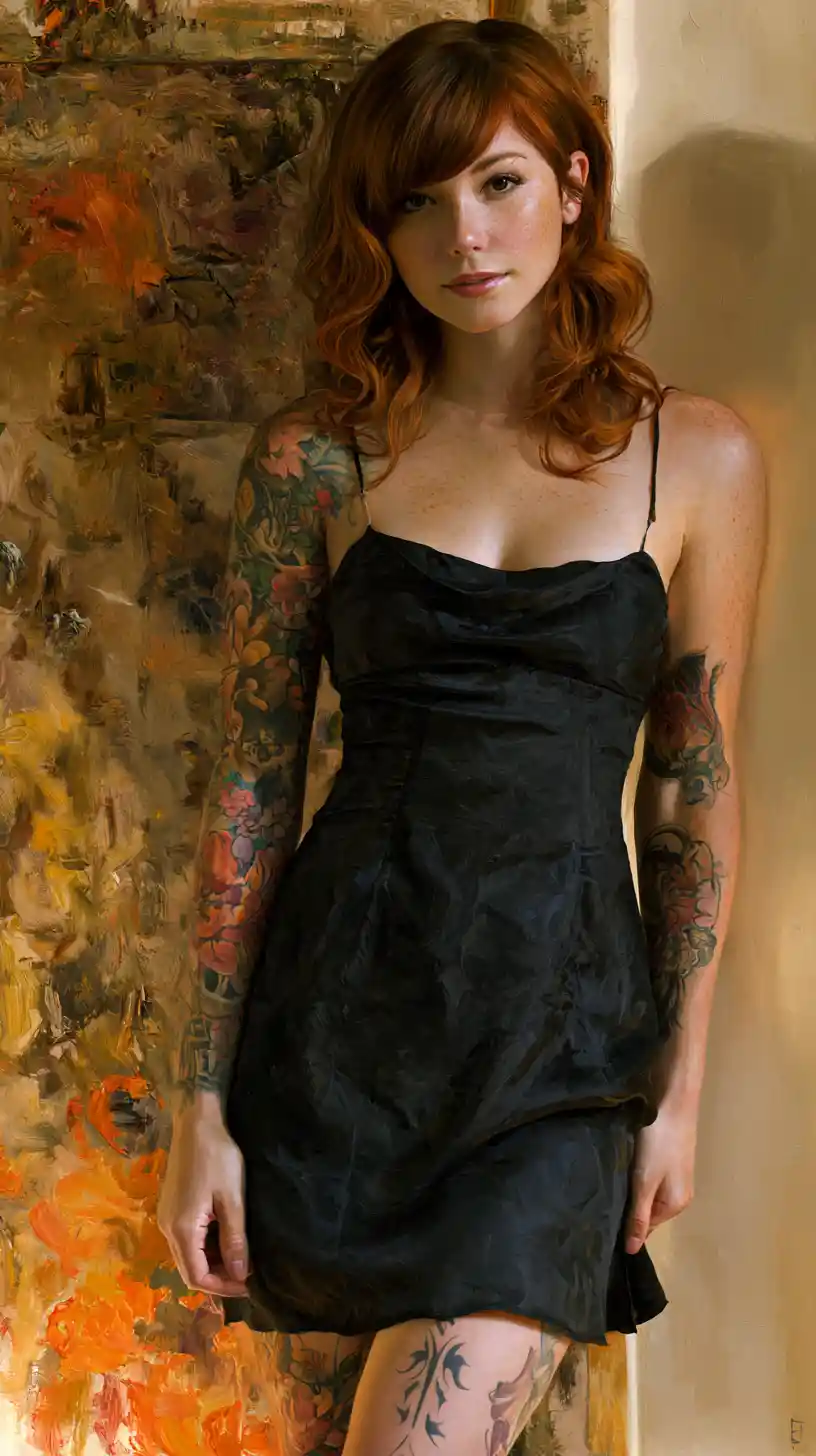 Tattooed young woman in black dress in art studio