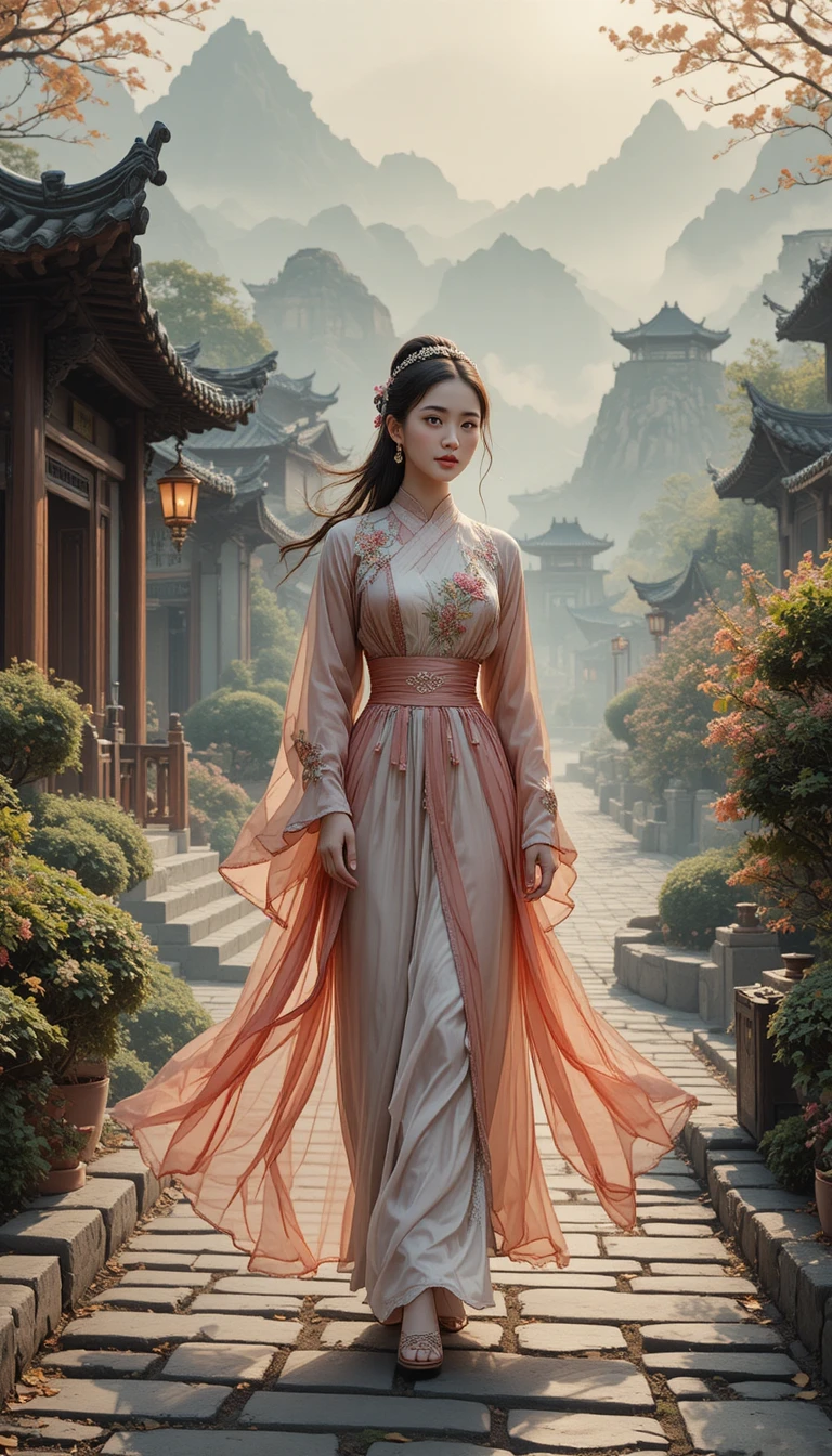 Young woman walking through ancient Xi’an stone garden path