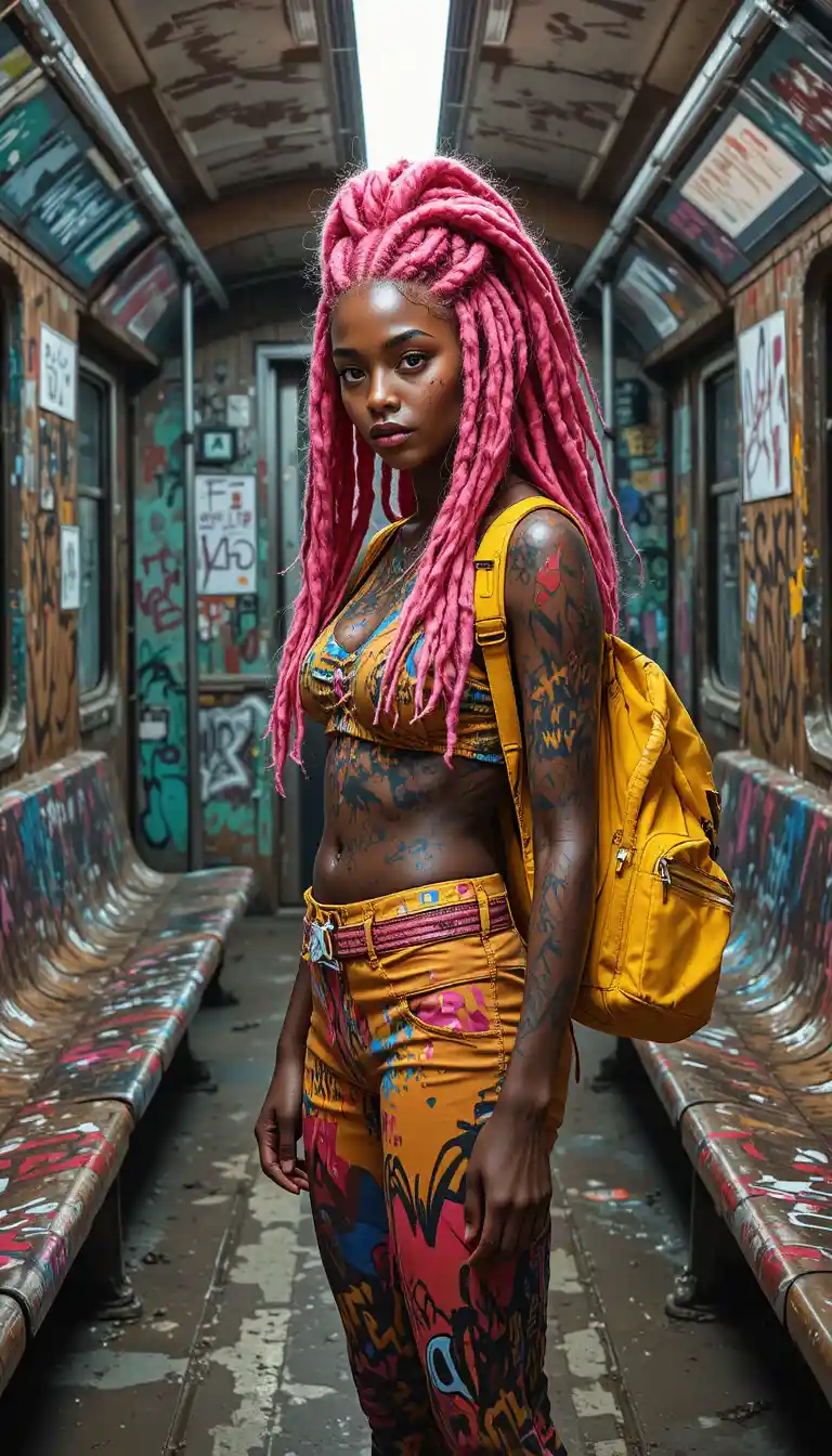 Young woman with pink dreadlocks in gritty subway car