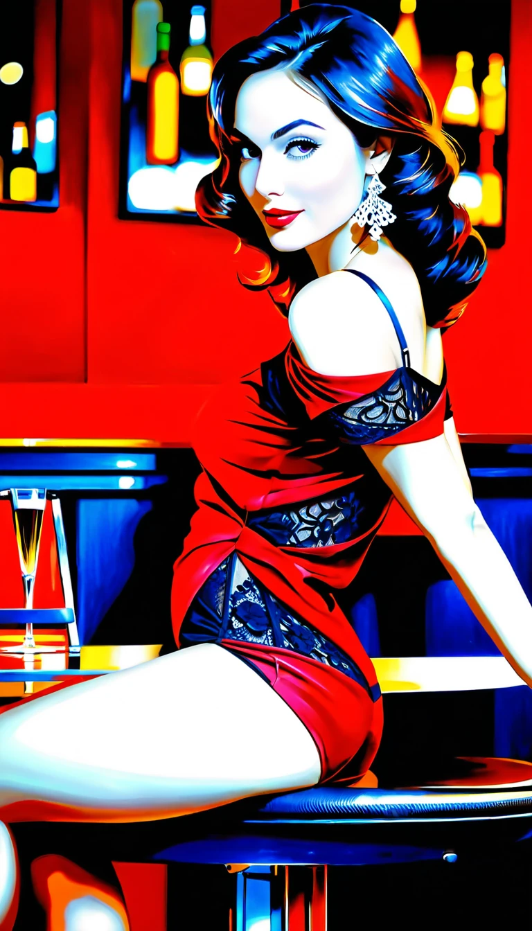 Elegant woman at night bar with glass of red wine