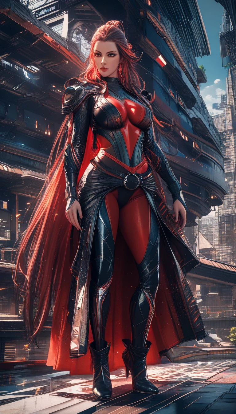 Tall auburn haired woman in a detailed 3D city scene