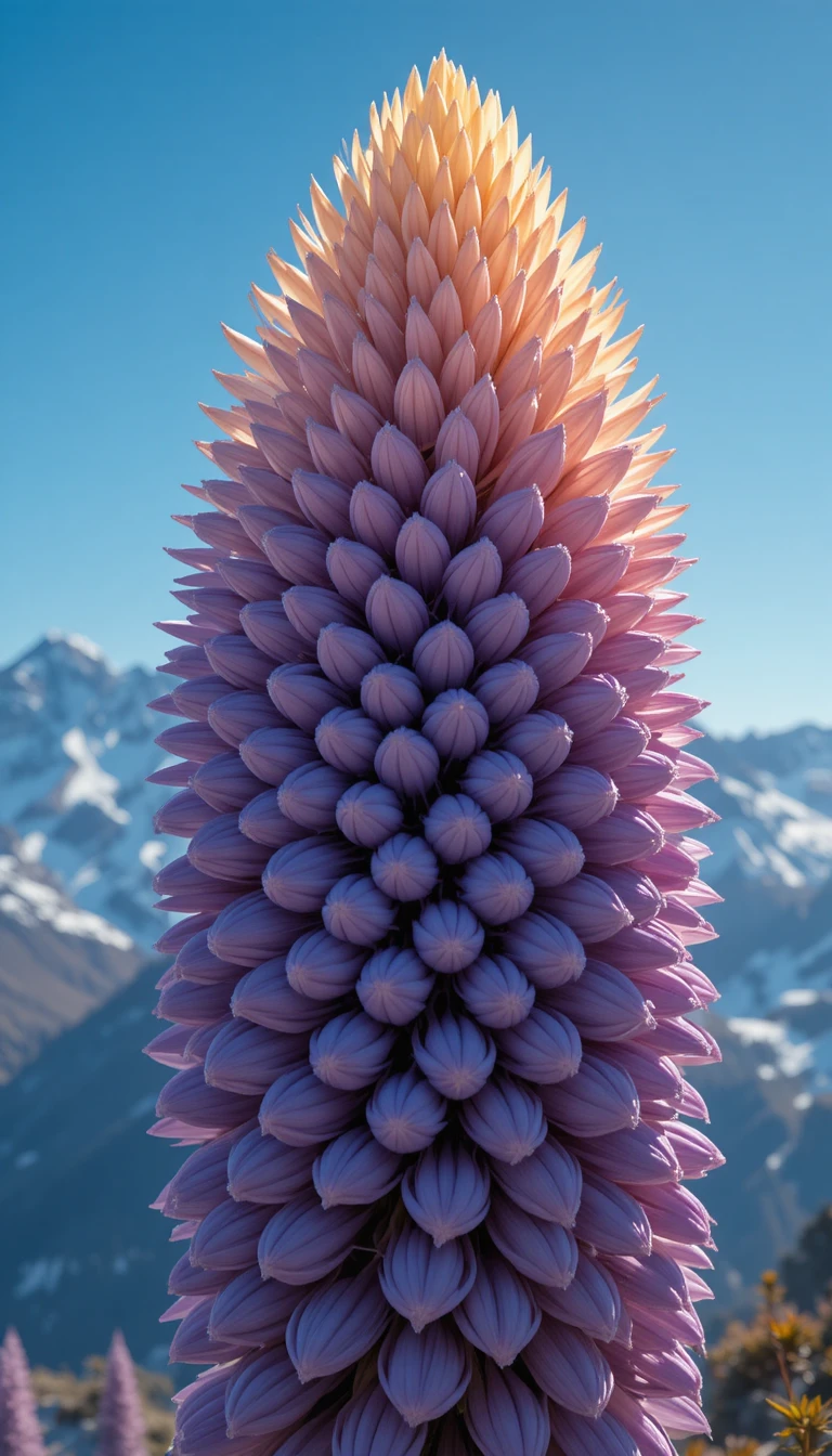 Majestic fantasy flower in front of distant snowy mountains