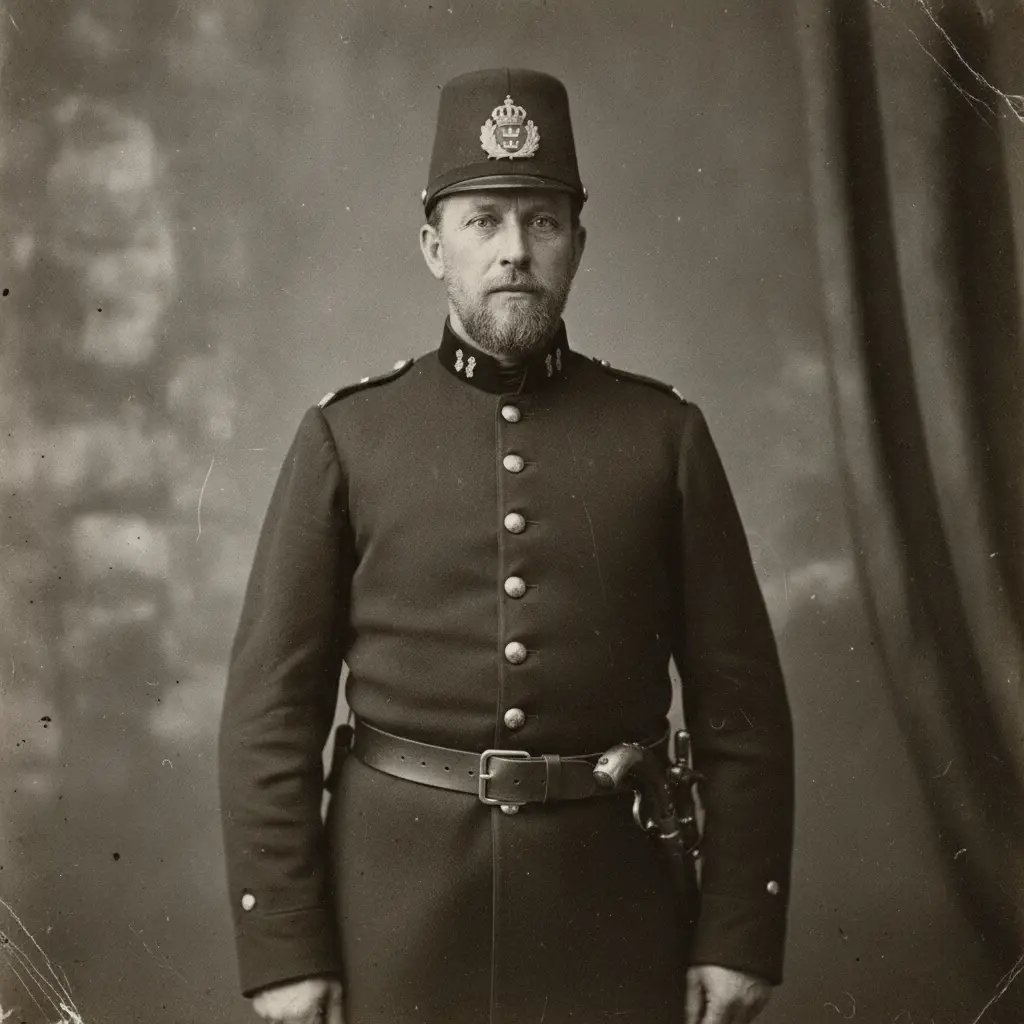 Vintage-Monochrom-Porträt eines schwedischen Polizisten