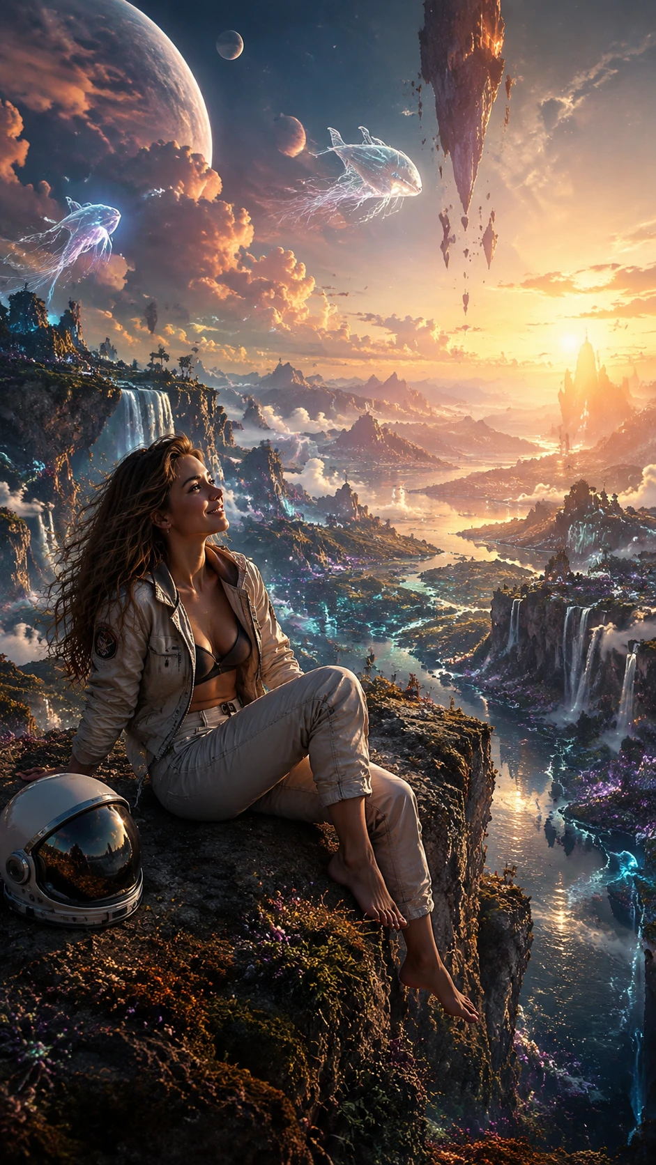 Woman resting on a cliff in a vast alien valley