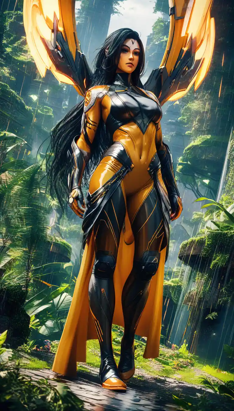 Tall sci fi woman standing in a rainforest city