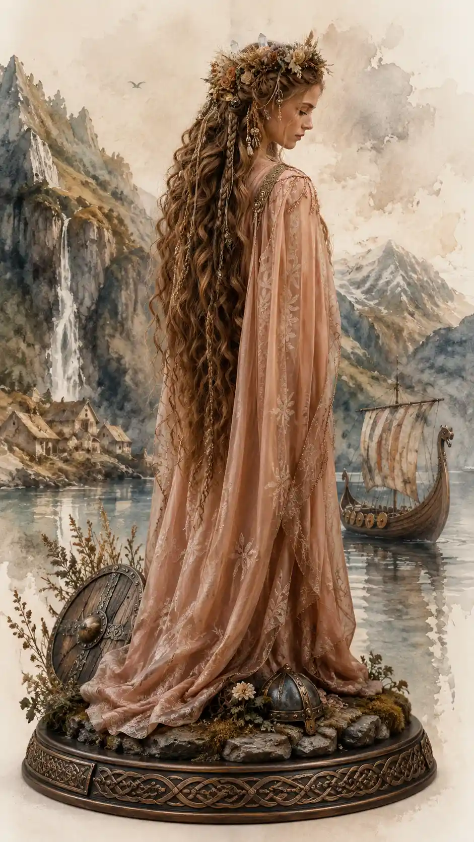 Viking bride figurine with flowing hair in watercolor landscape