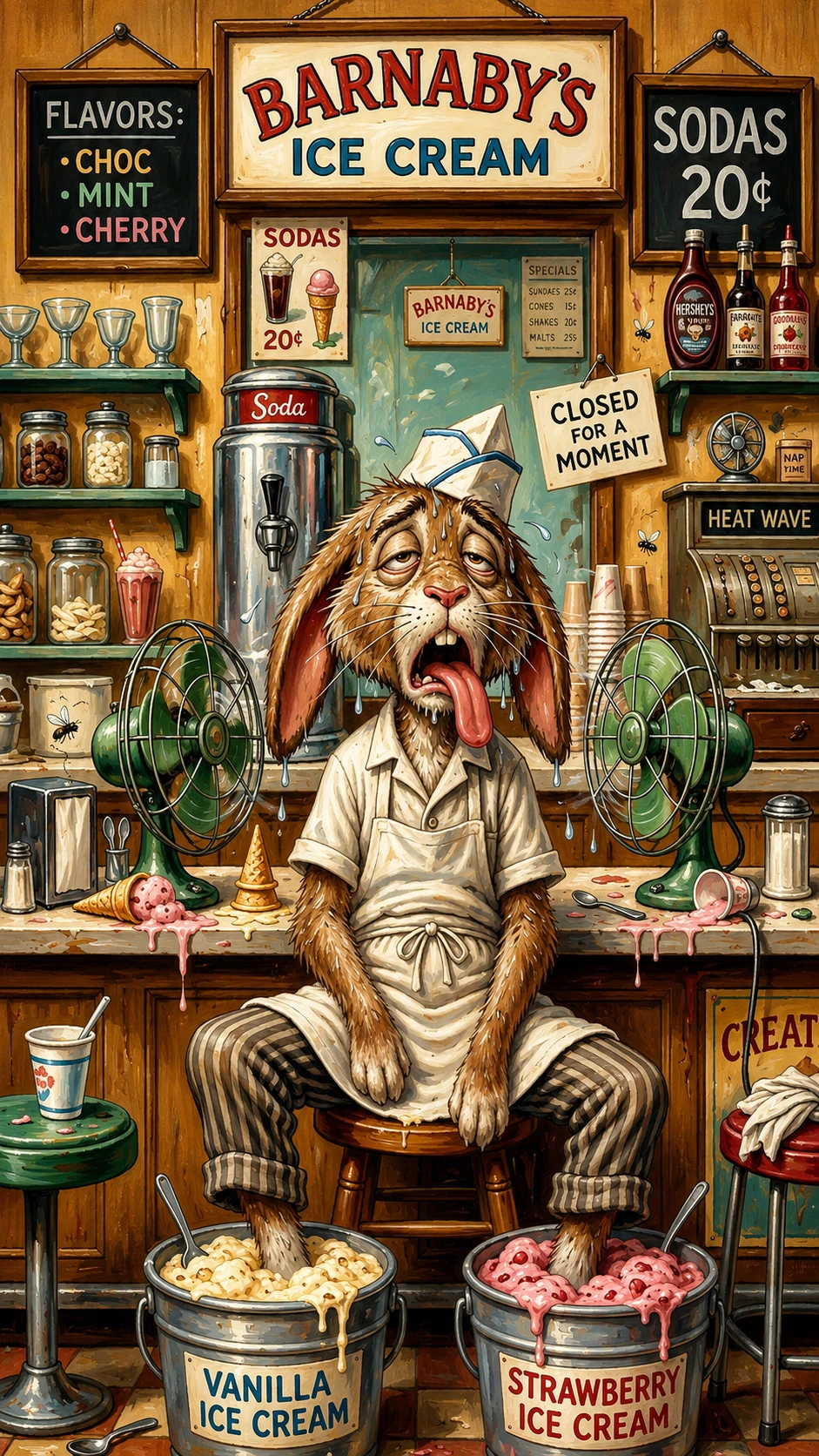 Exhausted Rabbit Ice Cream Seller In Retro Parlour Drawing
