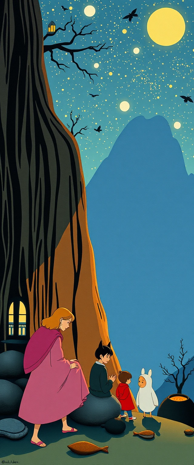 Playful retro fantasy characters in bold colorful style