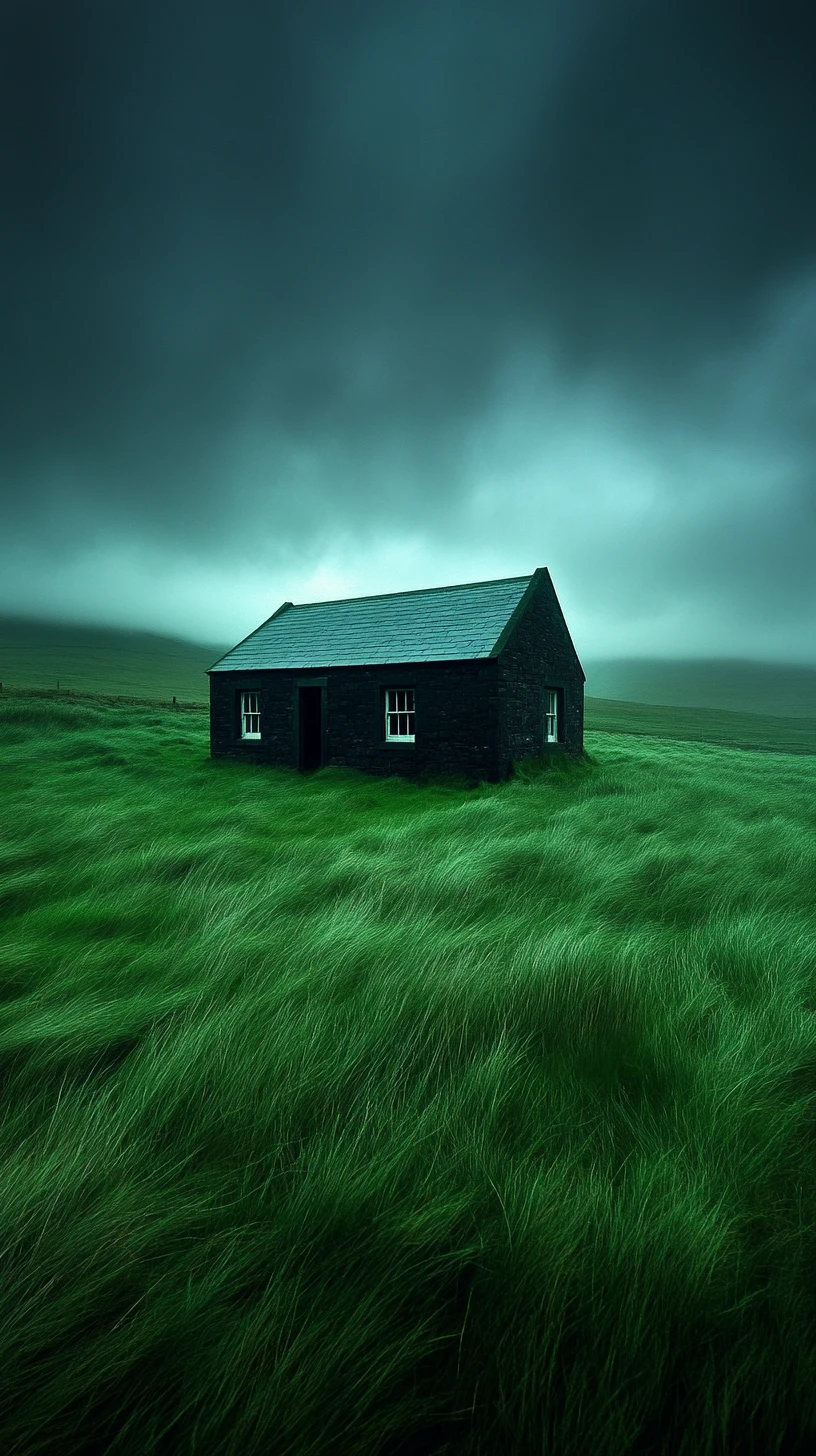 Foggy Scottish meadow with an abandoned stone countryside chapel