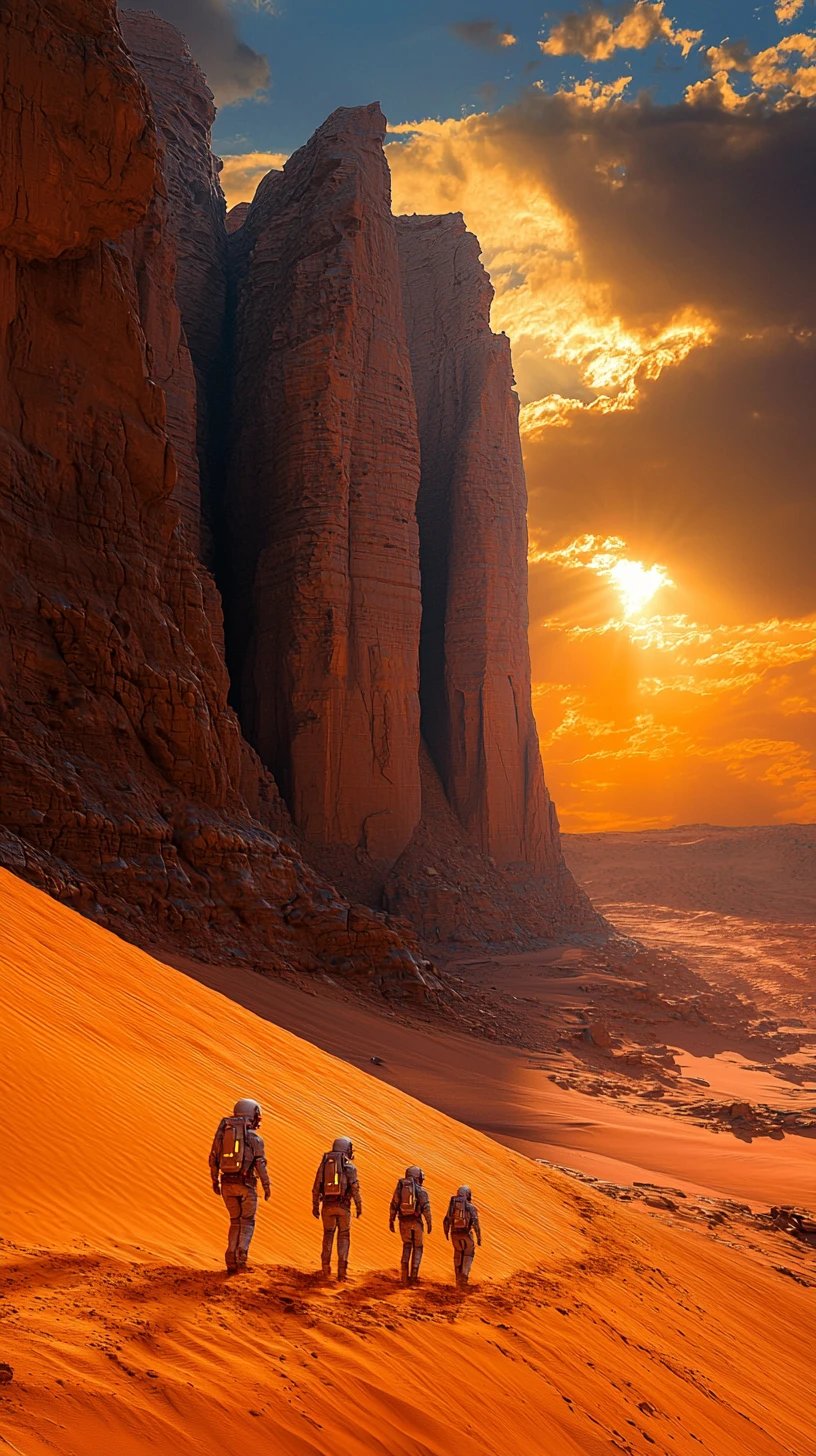 Astronauts Approach Futuristic Mars Habitat At Sunrise
