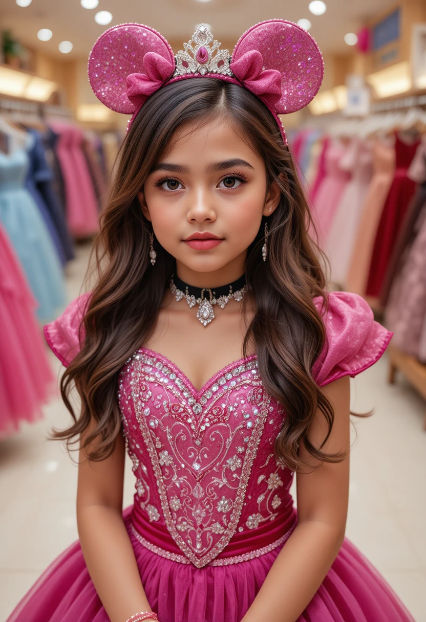 Young girl in pink Minnie gown at Disney dress shop