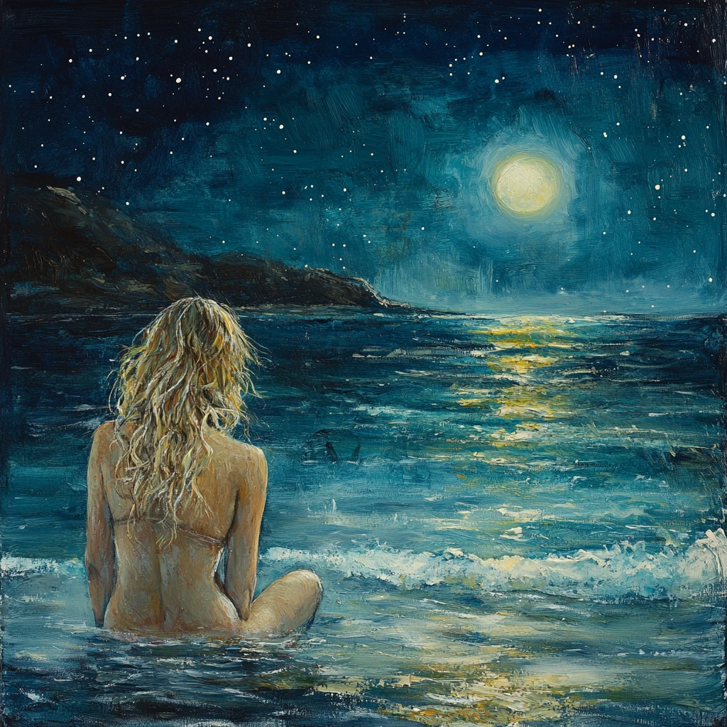 Woman steps into moonlit ocean under a quiet night sky