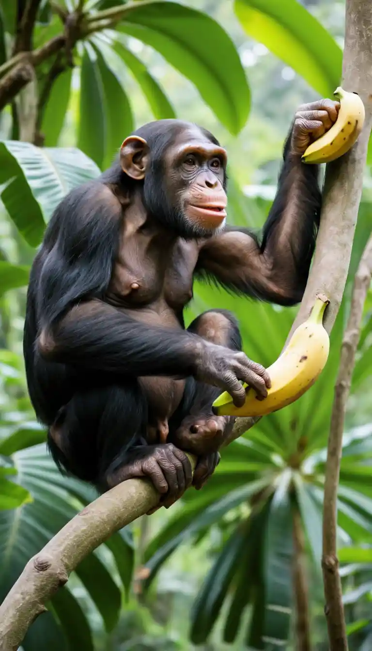 Chimpanzee Eating Banana On Tree Branch In Jungle