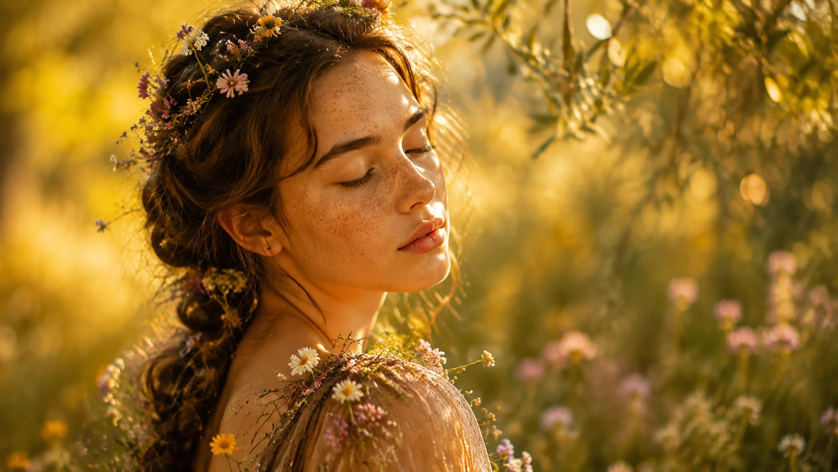 Joven mujer pecosa entre flores en la hora dorada