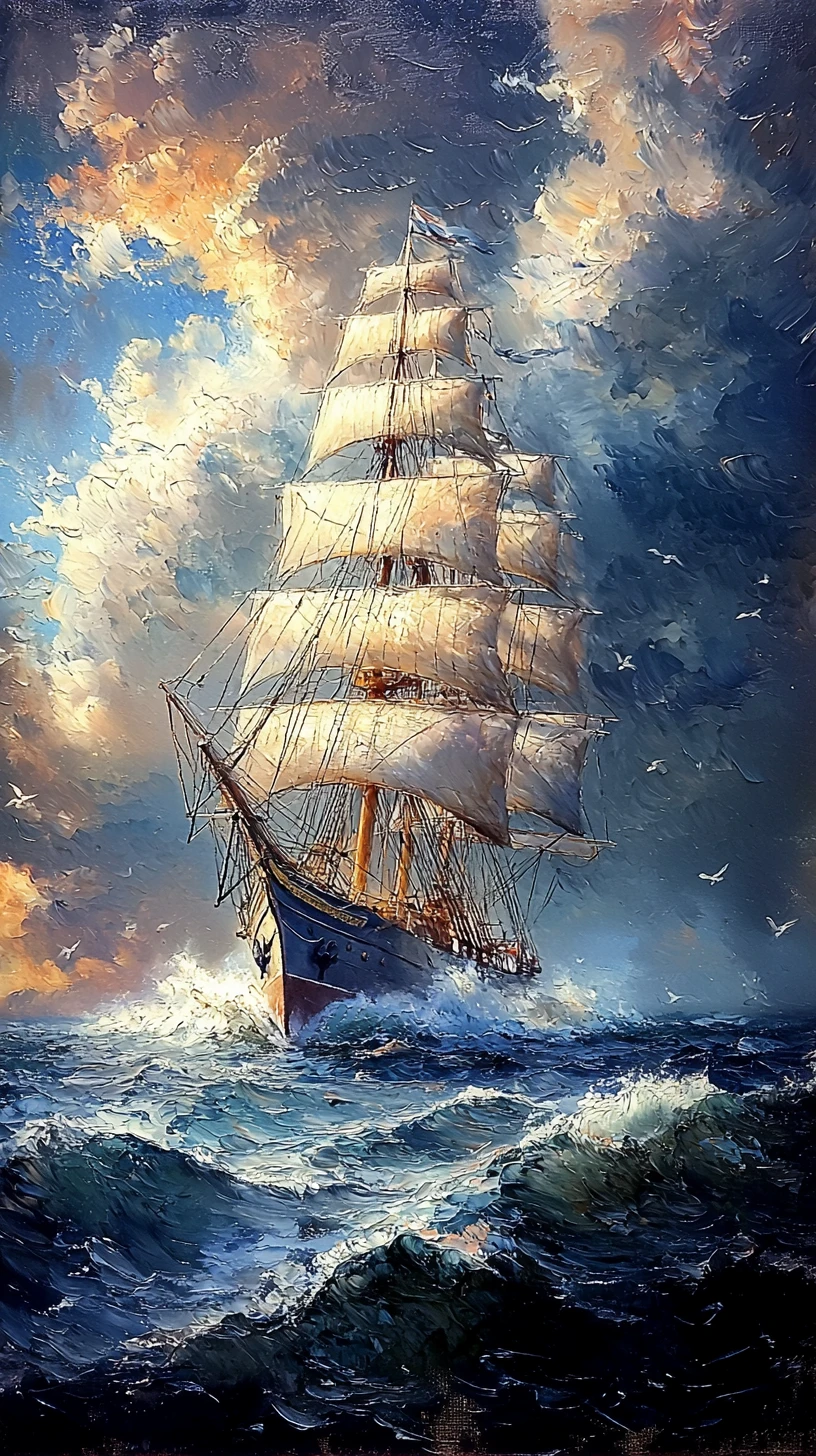 Tall sailing ship crossing a stormy luminous seascape