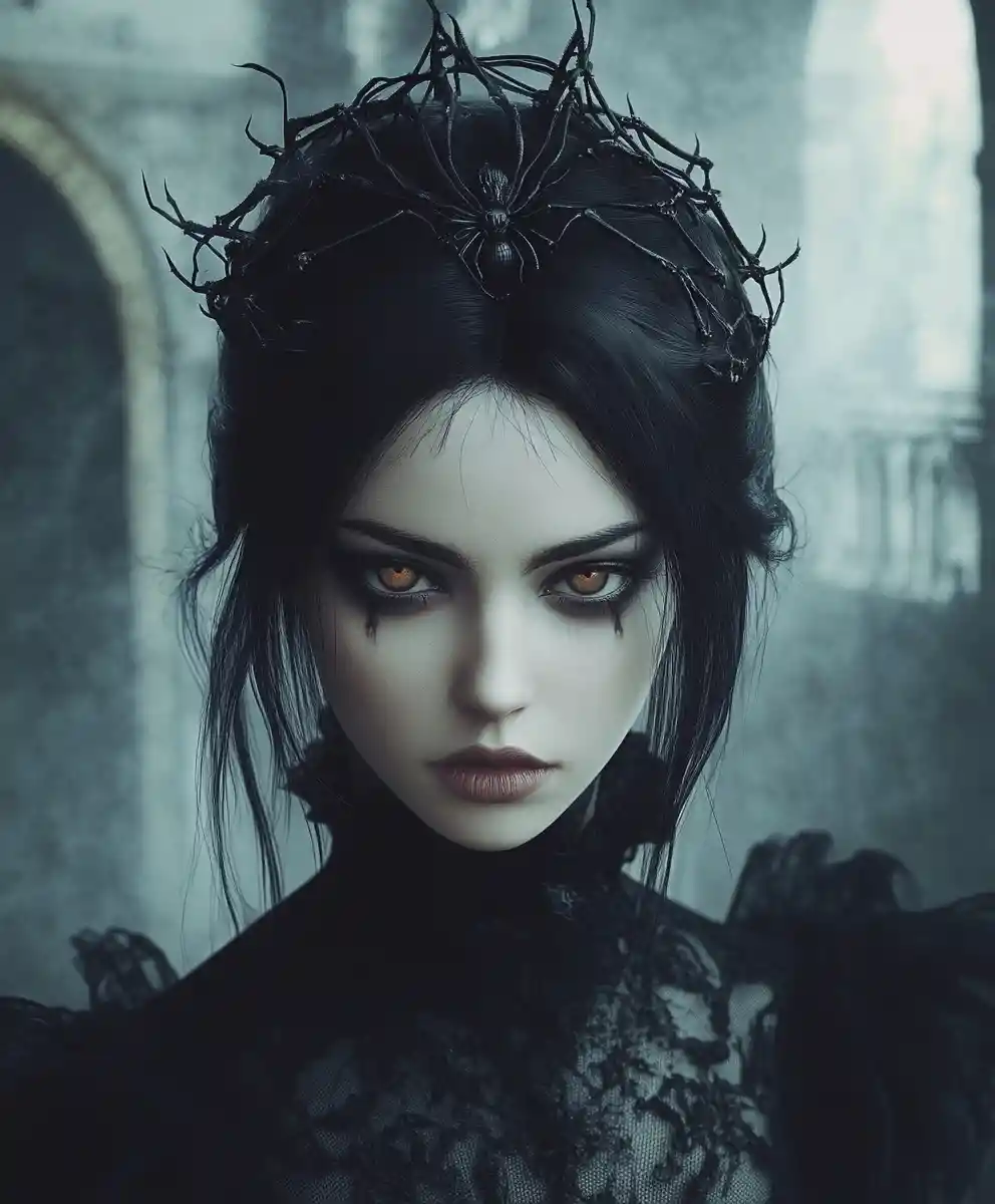 Dark spider queen in a gothic castle throne hall