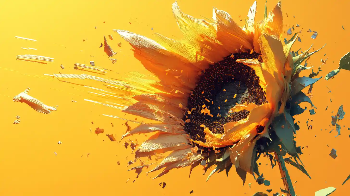 Sunflower exploding into voxel fragments and linear motion trails