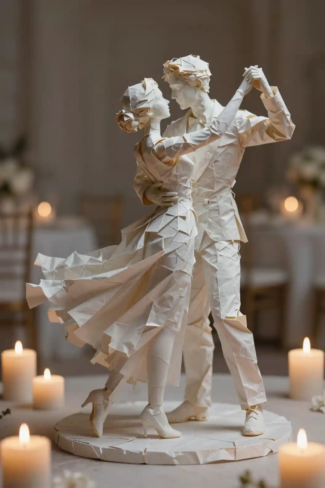 Romantic sculpture couple dancing by candlelit wedding table