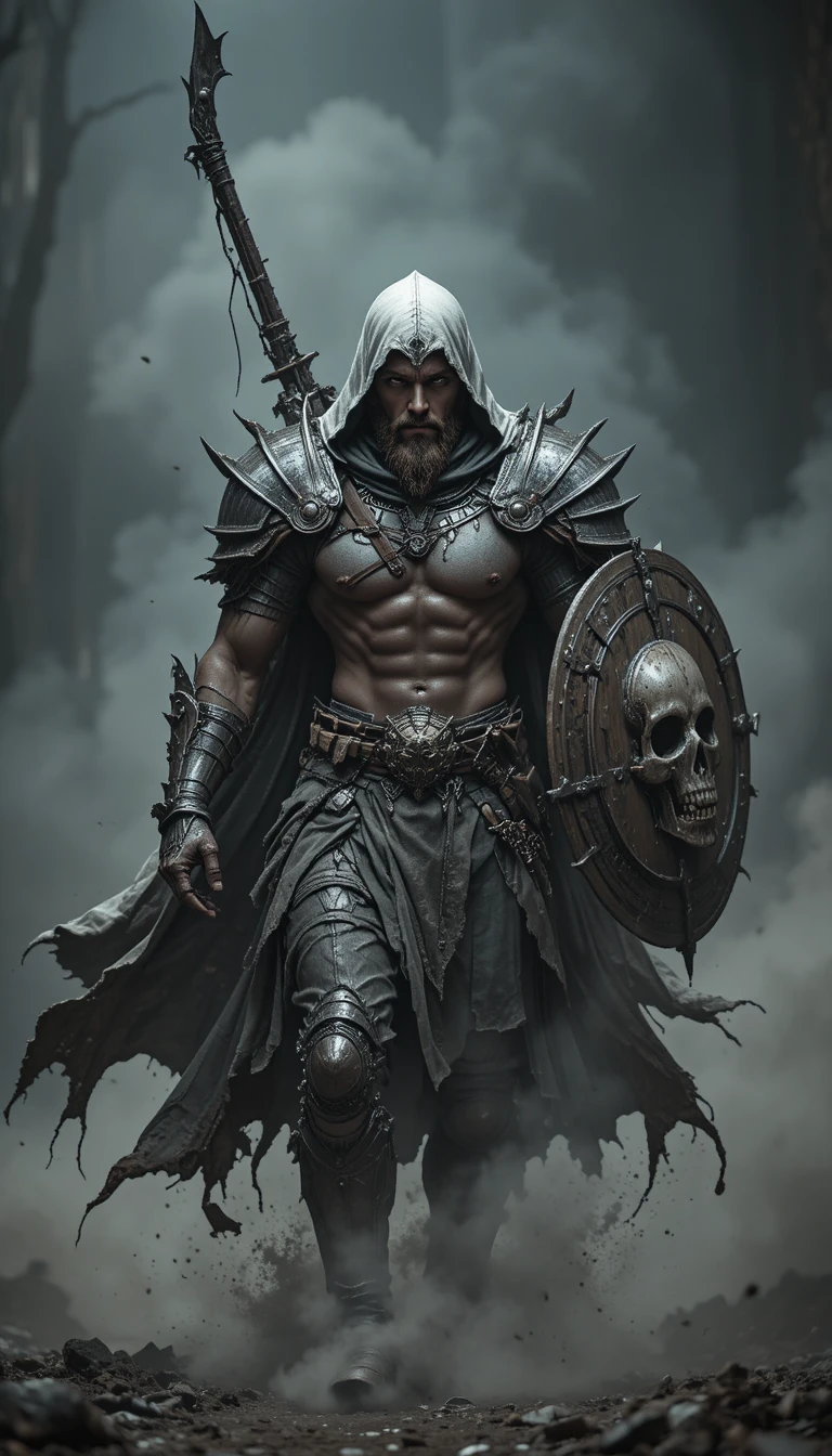 Armored warrior charging with sword and skull shield