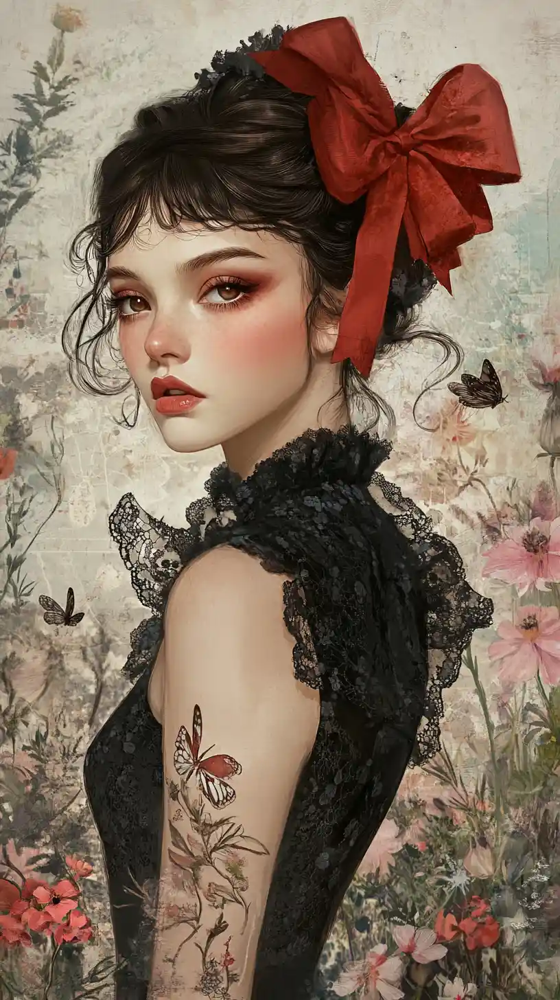 Fantasy portrait of a tattooed girl in floral garden