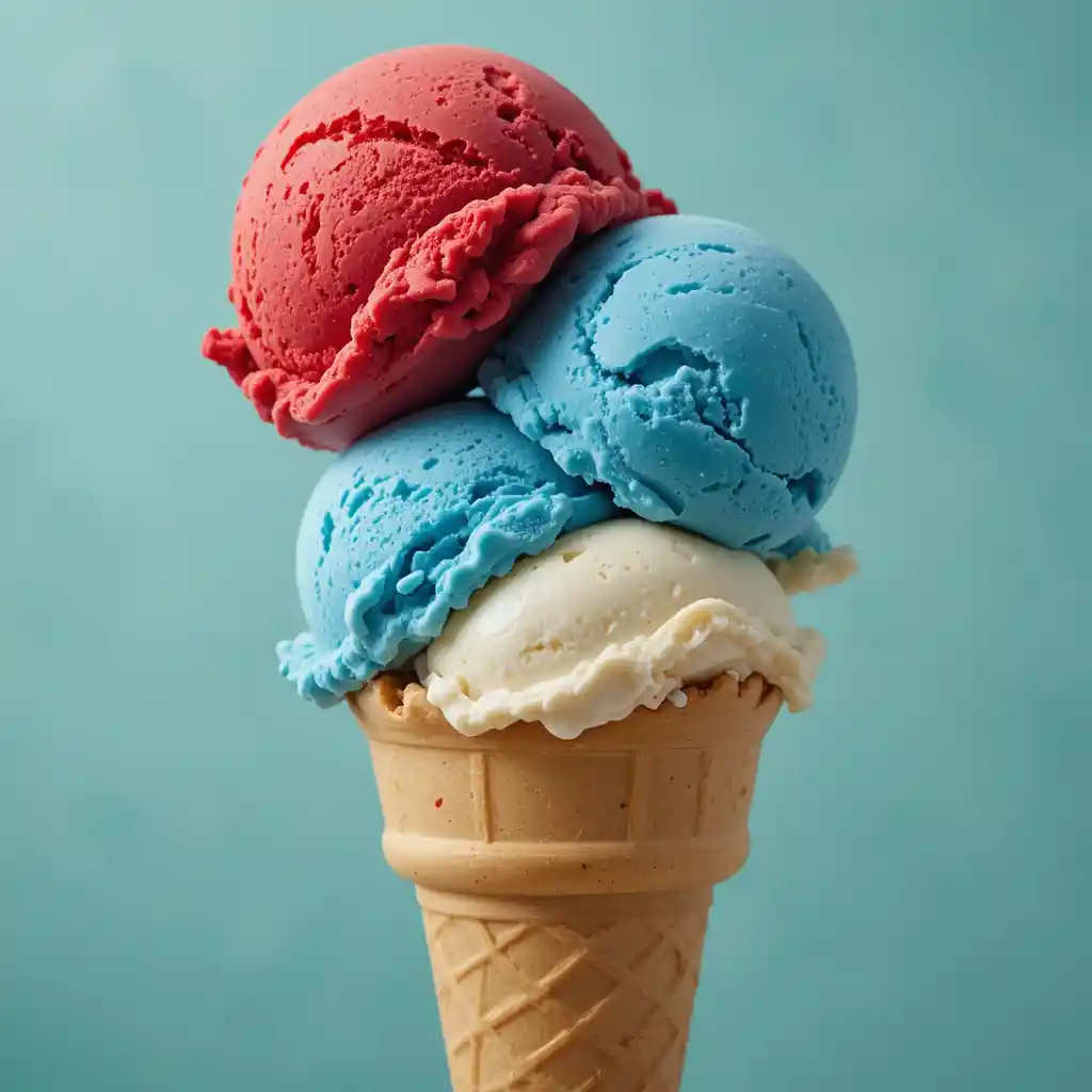 Colorful triple scoop ice cream cone in waffle cone