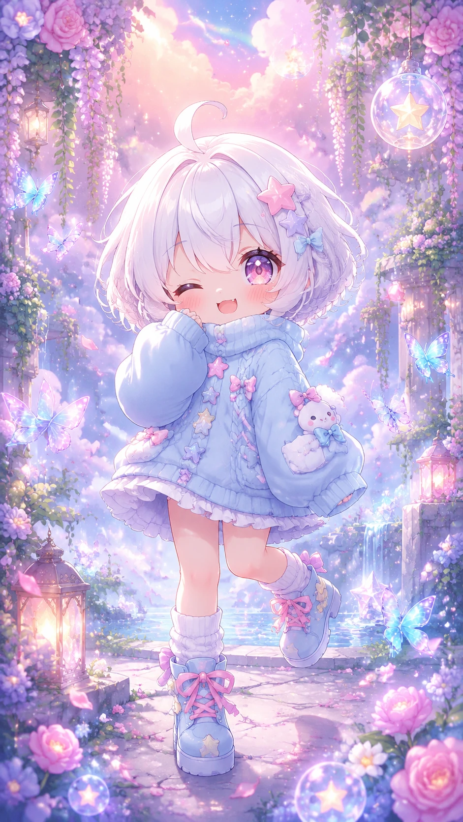 パステルな幻想庭園のかわいいちびキャラ風アニメ少女