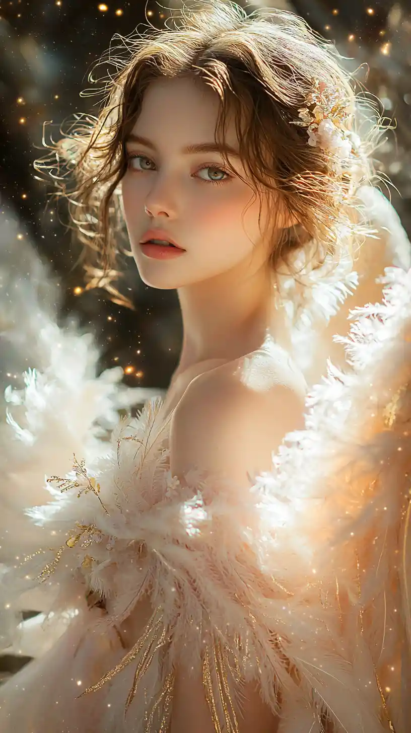 Ethereal angel woman with golden wings in soft pastel light
