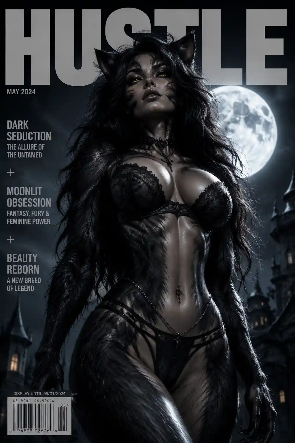 Gothic werecat woman standing tall in moonlit fantasy