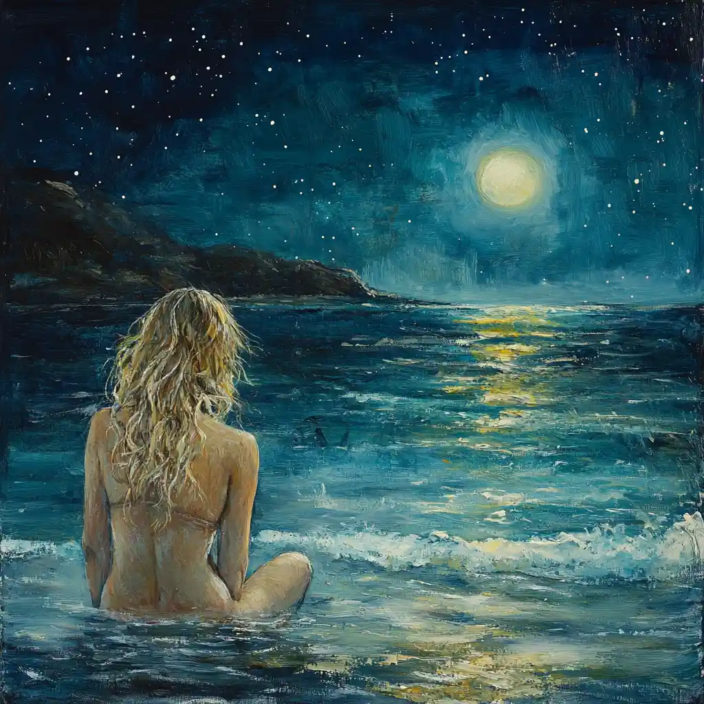 Woman steps into moonlit ocean under a quiet night sky