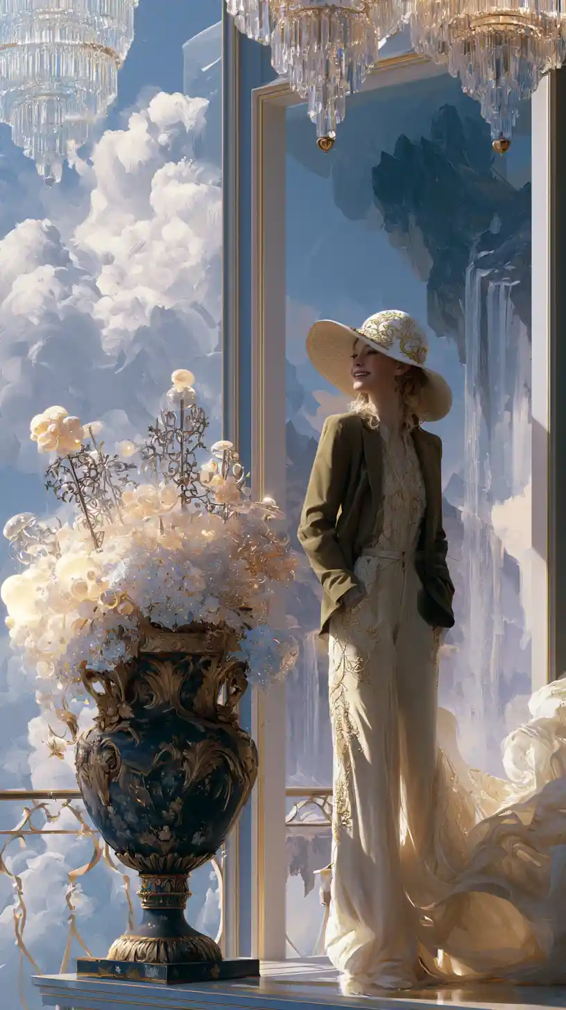 Joyful woman on a balcony of a floating sky palace