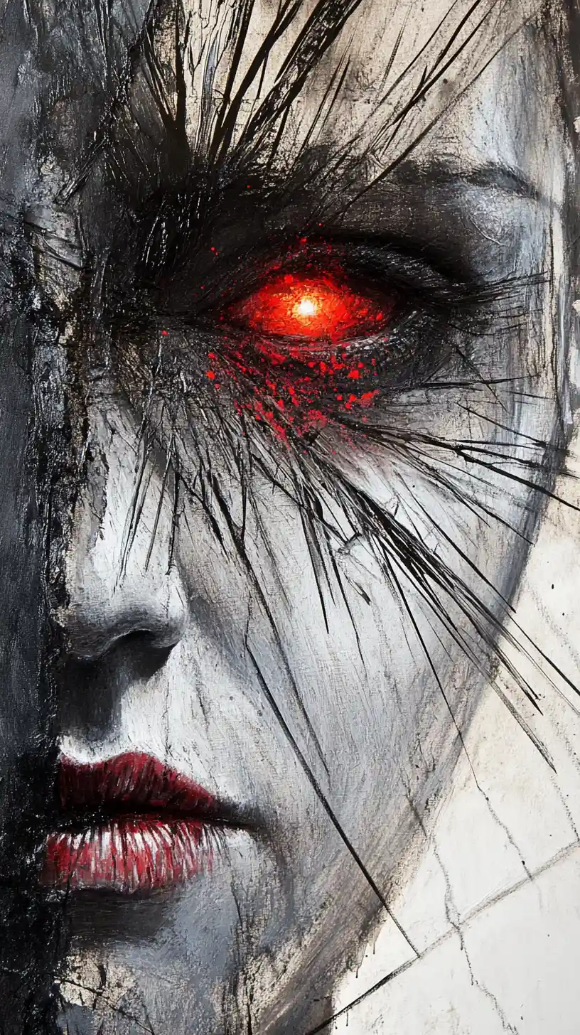 Surreal close up portrait with eroded face and glowing eye