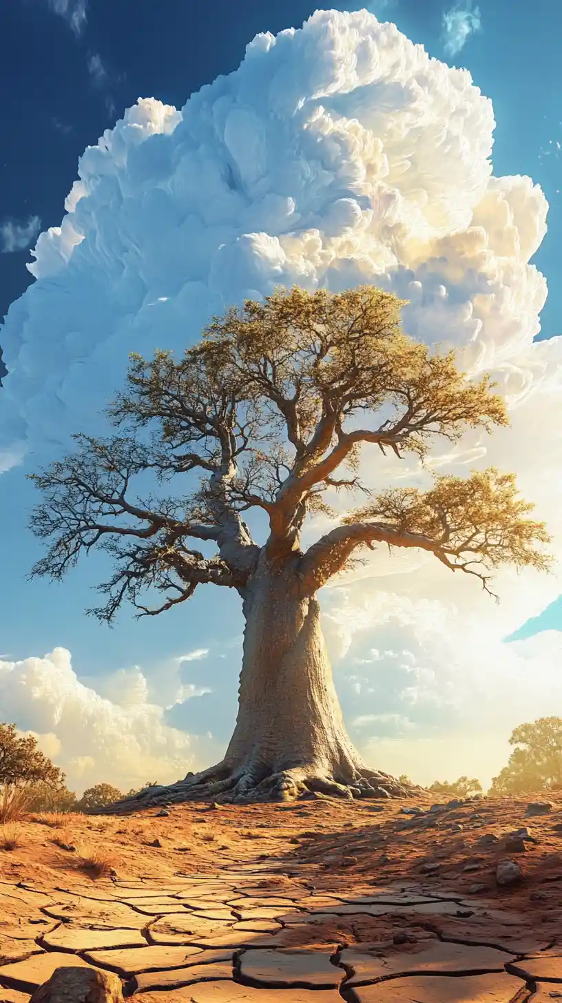 Ancient baobab tree in a vast sunlit desert