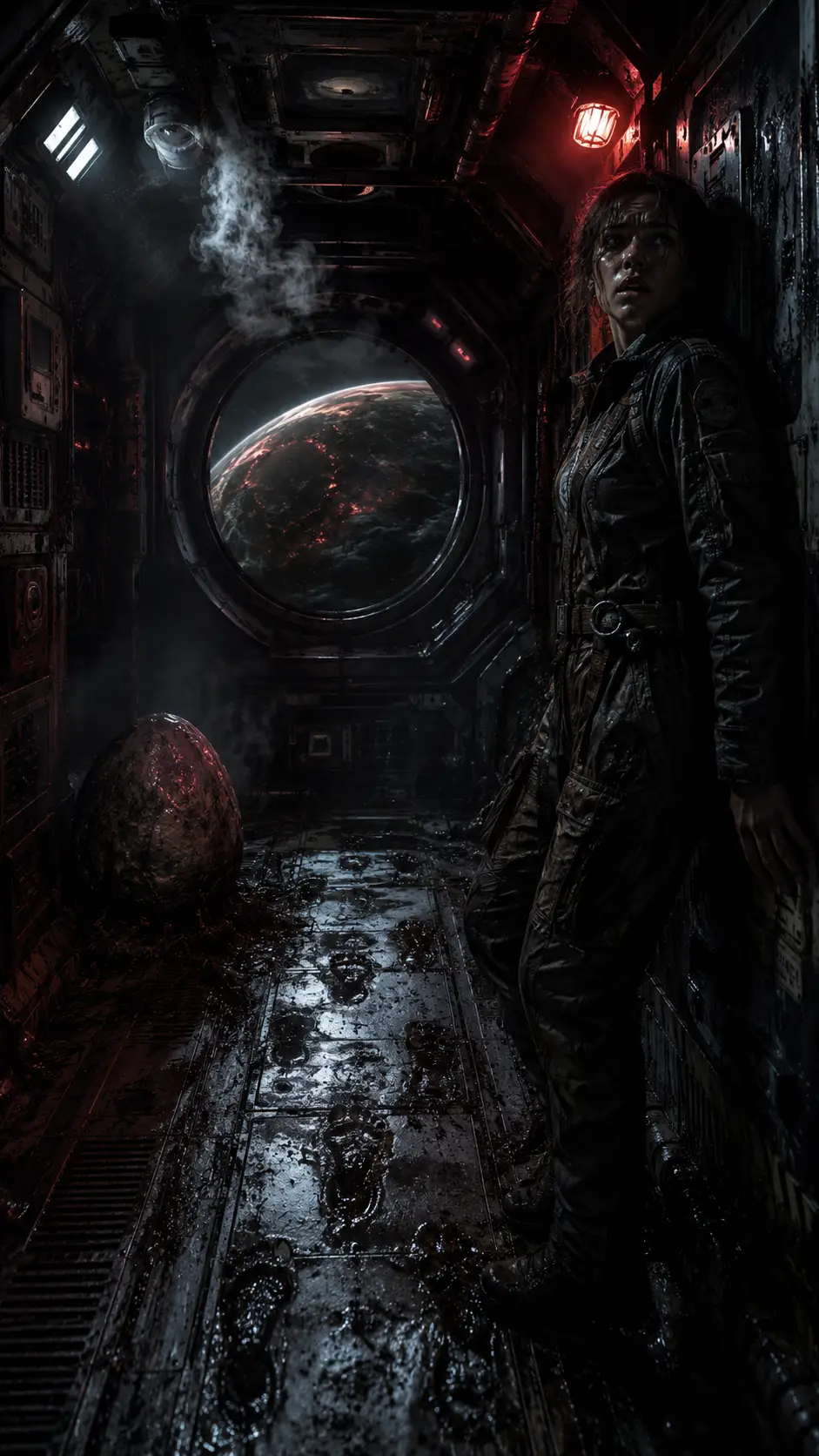 Terrified pilot in dark sci fi spaceship corridor