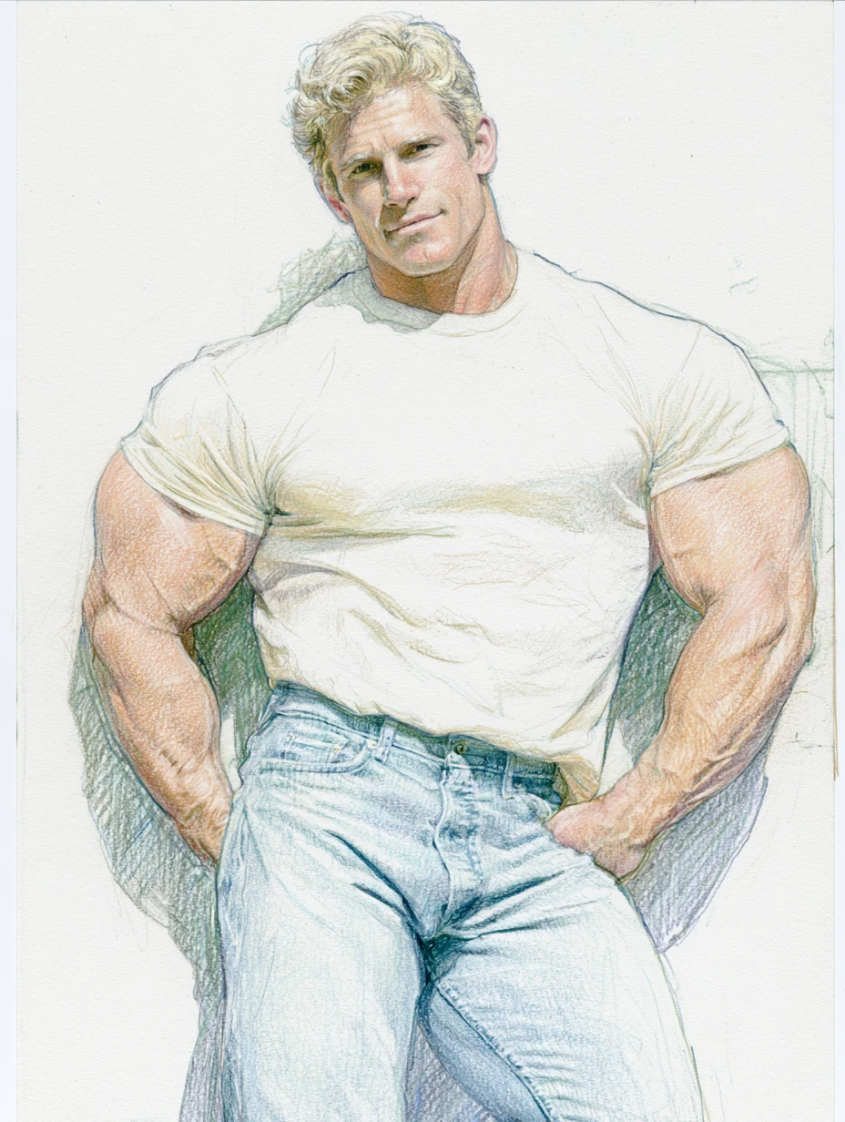 Muscular man in casual clothes outside a gritty city bar