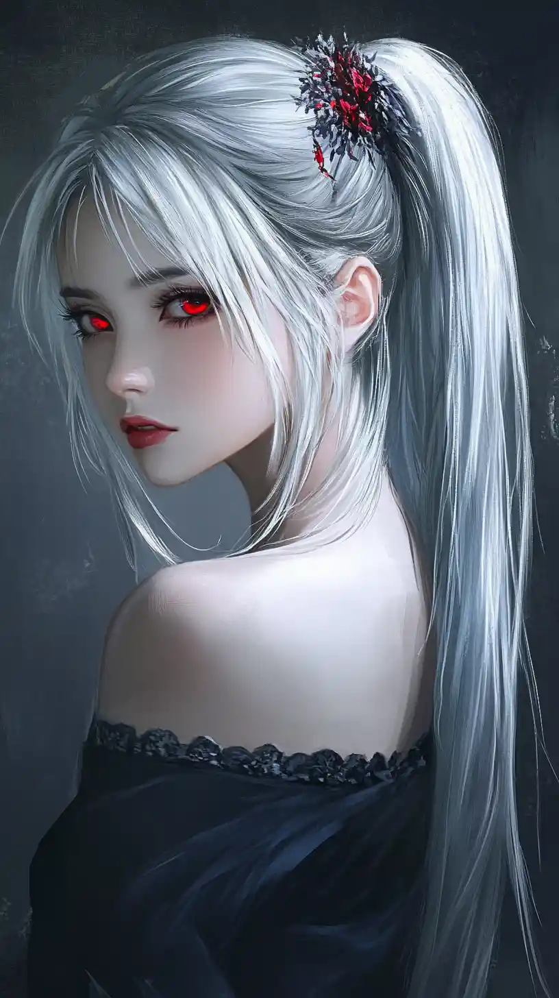 Anime girl with silver ponytail and glowing red eyes