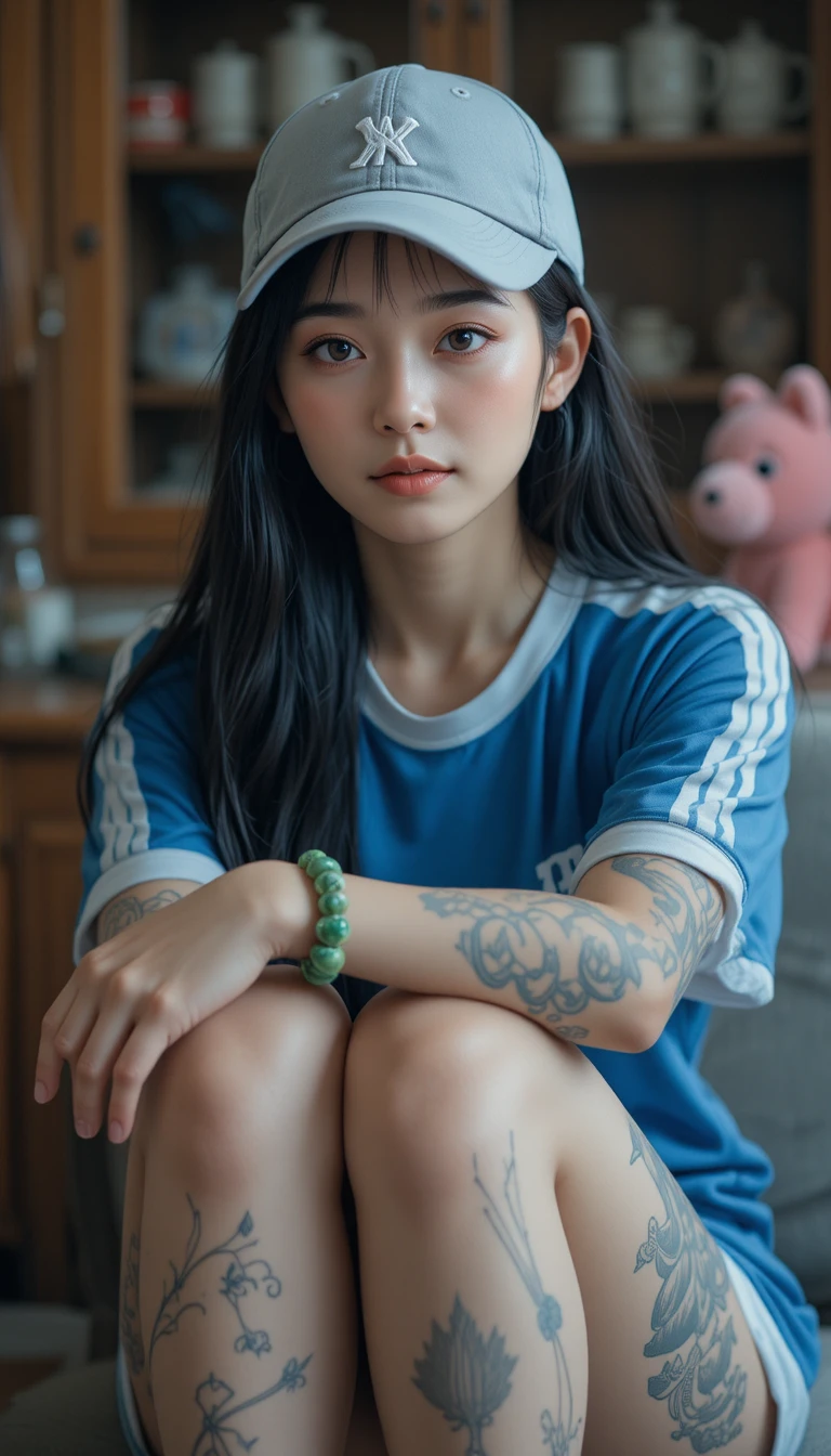 Tattooed Asian woman seated in blue athletic shirt