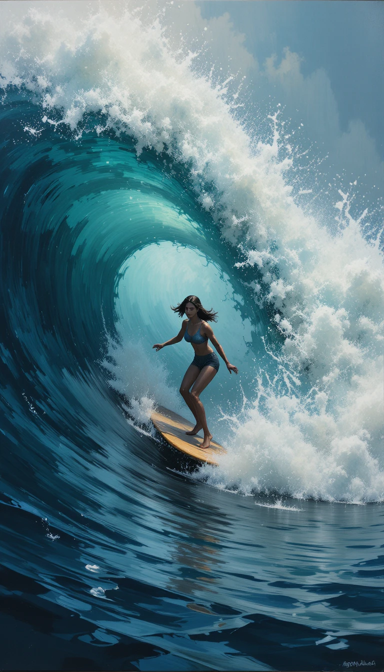 Gestural painting of a woman surfing a giant Hawaiian wave