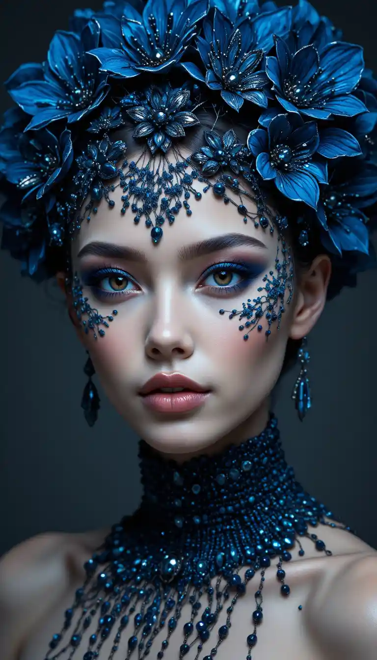 Opulent close up portrait of a woman in jeweled headpiece