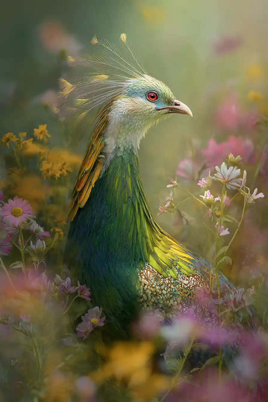 Mystical free spirited bird in a dreamy wildflower field