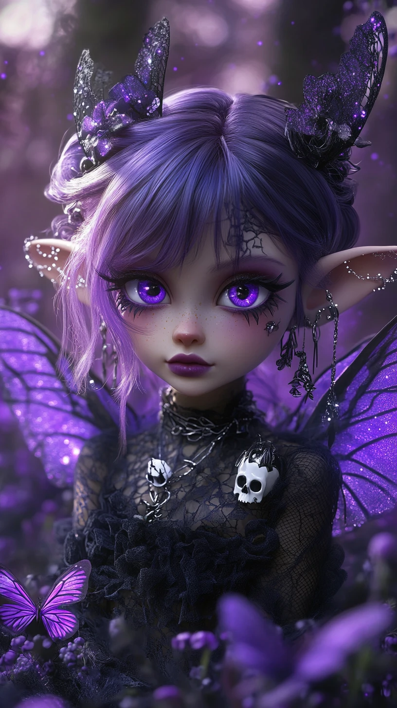 Violet haired fairy girl in gothic lace among flowers