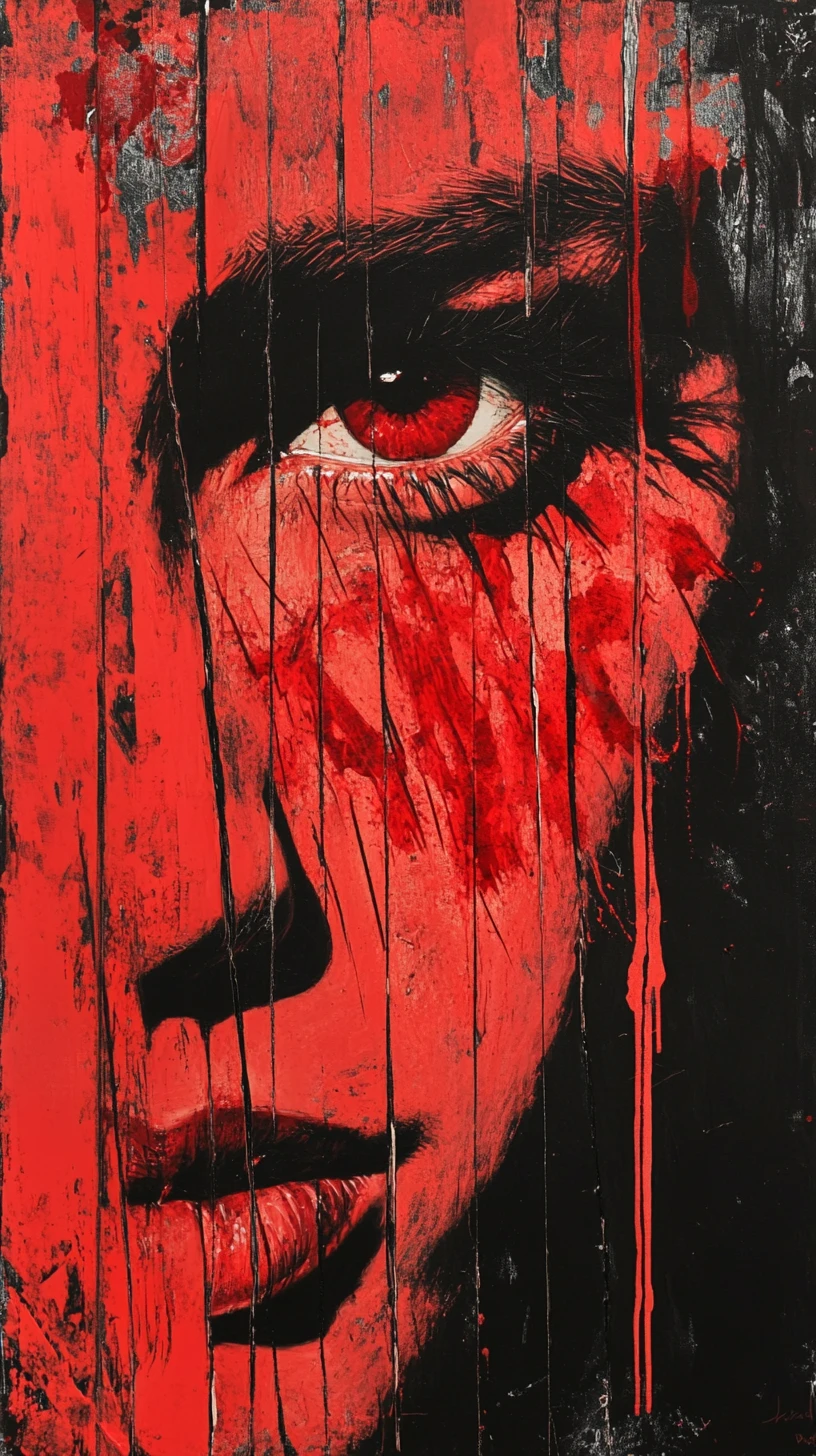 Fragmented minimal face with a single sharp crimson eye