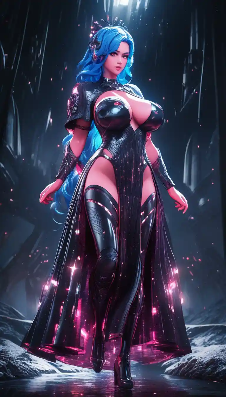 Pink skinned sci fi woman with blue hair and glowing tattoos