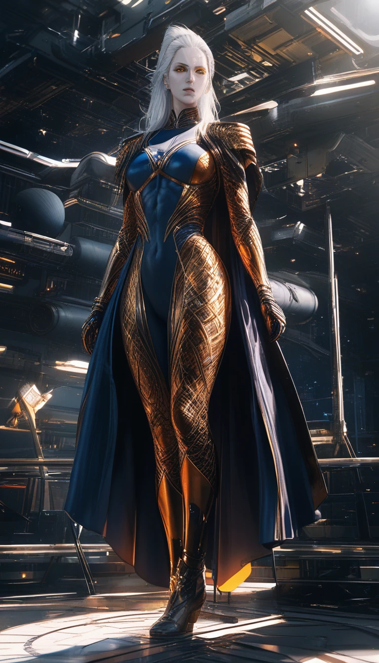 Tall white haired sci fi woman on a dark space station