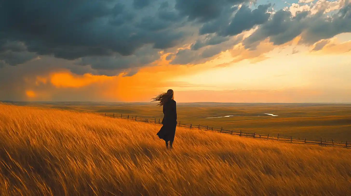 Woman on windswept prairie beneath a vast stormy sky