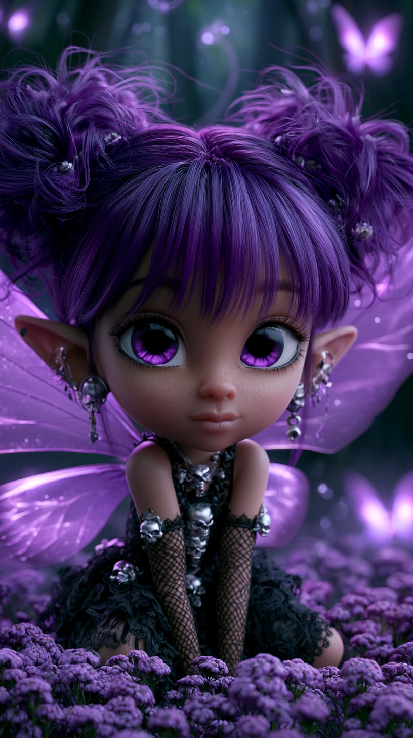 Gothic fairy girl with violet eyes in enchanted forest