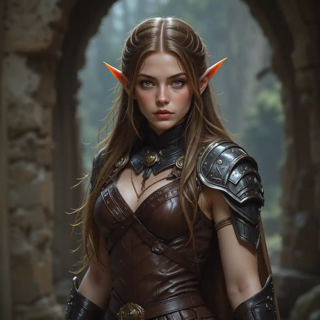 Brown haired high elf woman in leather armor posing