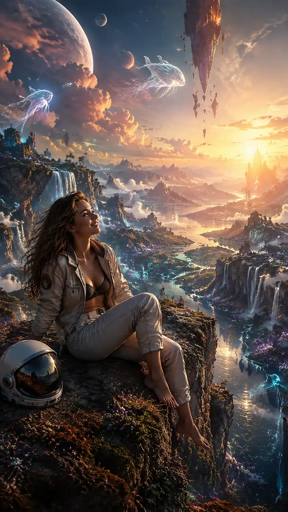 Woman resting on a cliff in a vast alien valley
