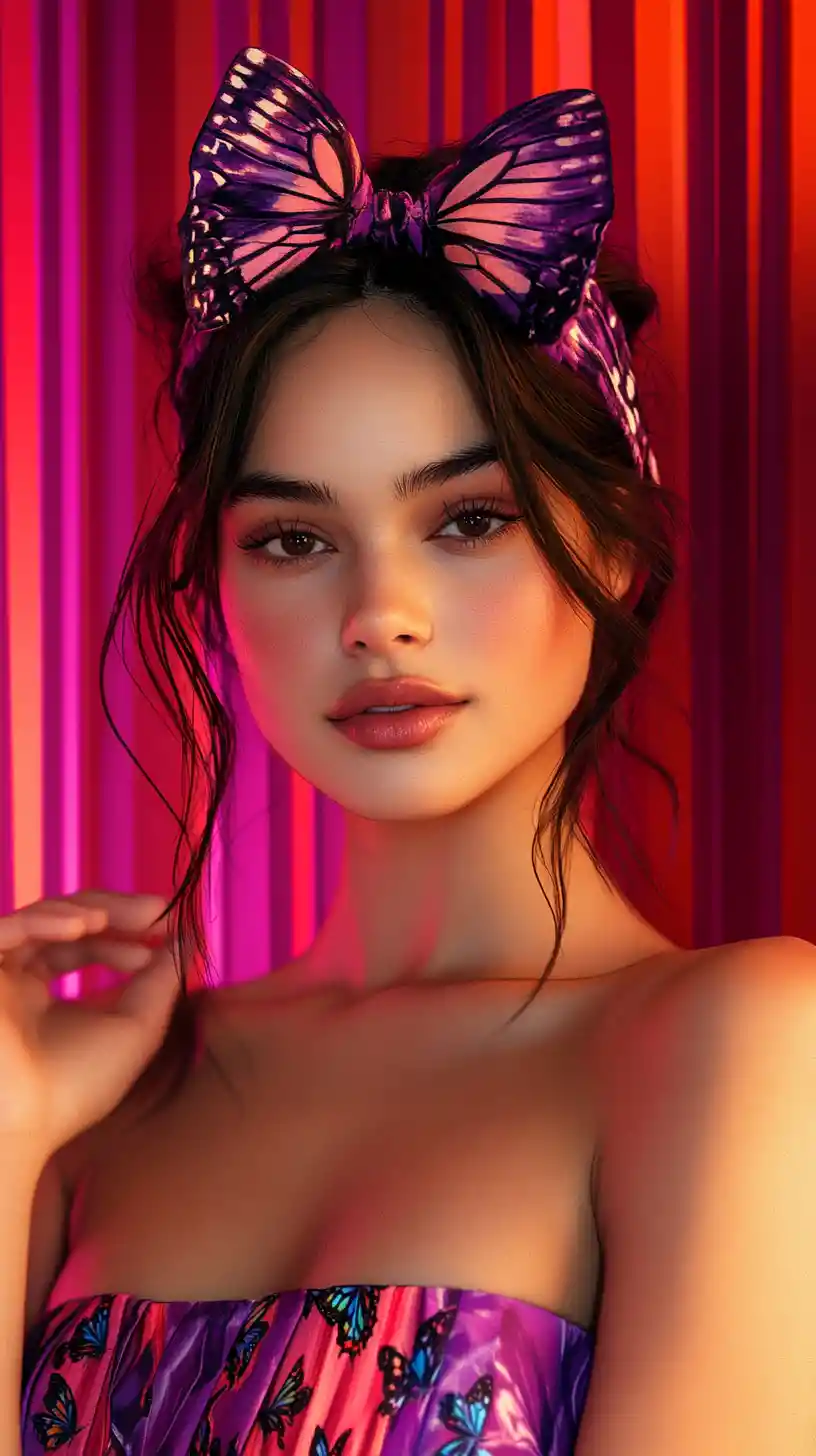 Stylized portrait of a girl in purple butterfly fashion