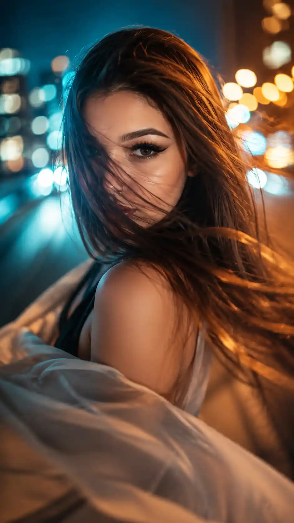 Woman turning with intense gaze in cinematic city portrait